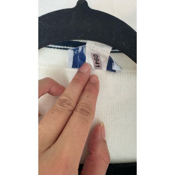 Vintage Varsity Cardigan In White Navy Stripes Size Large Preppy Office Siren - Picture 6 of 7